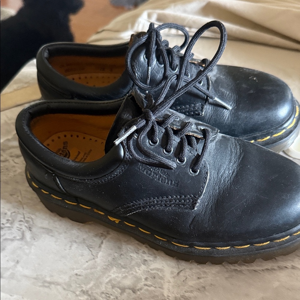 Dr. Martens Black Leather Oxfords with Yellow Stitching
